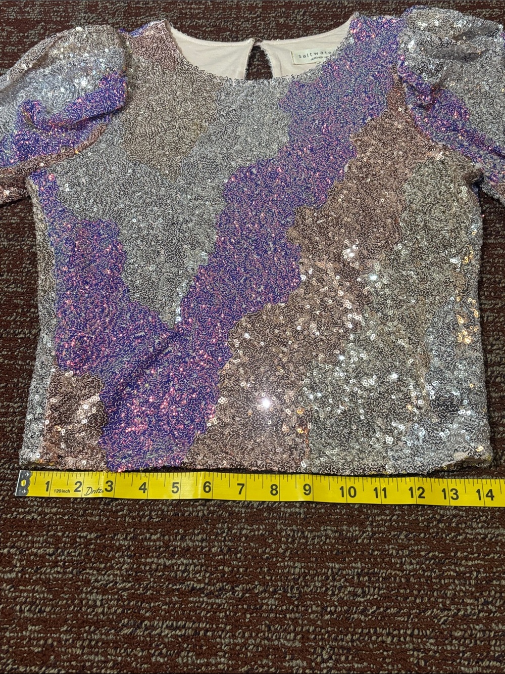Anthropologie Saltwater luxe long sleeve statement sleeve metallic sequin crop S - Picture 12 of 16
